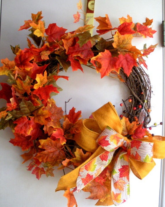 Items similar to Fall Wreath with Leaves and a burlap bow on Etsy