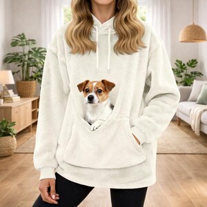 Plush Pet Carrier Hoodie, Fleece Dog Pouch Sweatshirt, Oversized Sherpa Puppy Holder, Dog Mom Gift, Cozy Kangaroo Pocket Pullover for Women White