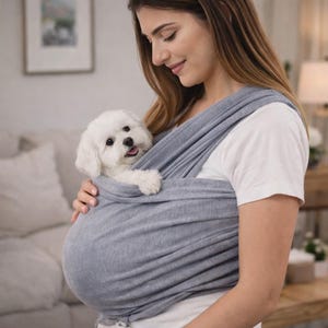 May include: A grey pet carrier sling holds a small white dog. The sling is made of soft fabric and is worn across the body. The dog is looking at the camera.