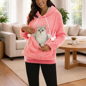Moletom com capuz e bolso para gato em lã sherpa, moletom aconchegante para transportar animais de estimação, bolsa canguru de pelúcia
