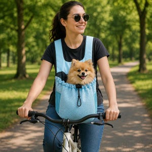May include: A light blue pet carrier backpack with a mesh front panel and a drawstring closure. The carrier is worn on the chest and contains a small, tan, fluffy dog with pointed ears. The carrier features wide shoulder straps and a structured design.