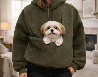 Sherpa Fleece Pet Carrier Hoodie, Kangaroo Pouch Dog Holder, Oversized Cat Mom Sweatshirt, Cozy Puppy Sling Pullover, Gift for Pet Lovers