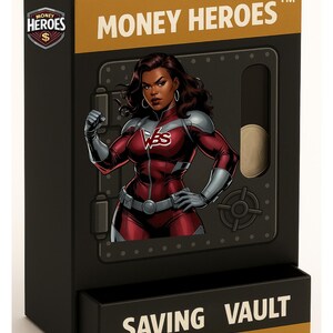 May include: A black and gold Money Heroes Saving Vault bank featuring a superheroine illustration on the front. The bank has a slot on top and a drawer labeled "SAVING VAULT" at the bottom. The Money Heroes logo is on the side.