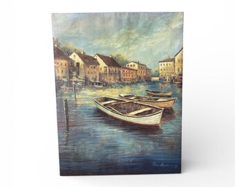 Lienzo decorativo de gran tamaño con barcos de remos en el puerto, firmado, 22 x 28