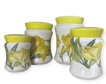Juego de 4 botes de cerámica con diseño floral de flores amarillas y tapas
