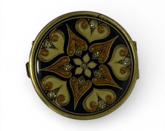 Caja de baratijas vintage redonda con tapa, esmaltada, con flores y diamantes de imitación en tono latón
