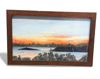 Pintura de paisaje al atardecer enmarcada: arte vintage pintado a mano