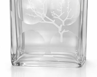 Jarrón cúbico de vidrio transparente con diseño de árbol grabado, bloque pesado hueco