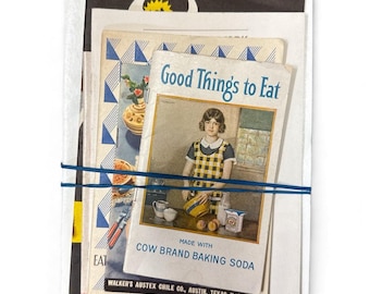 Lote de libros de recetas vintage + efímeras de comida, anuncios de bicarbonato de sodio y papel de cocina