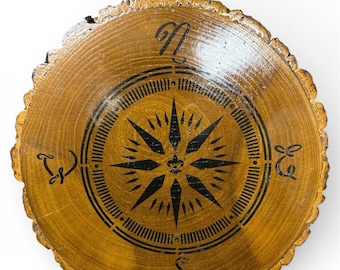 Rustic Wood Slice Wall Art – Compass Rose Design – 14” Round Decor