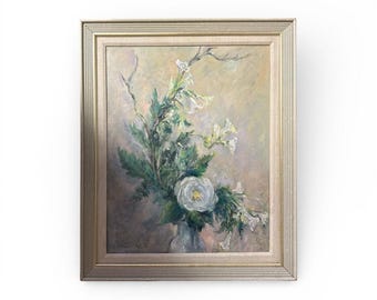 Pintura vintage de naturaleza muerta floral enmarcada de 24 x 20