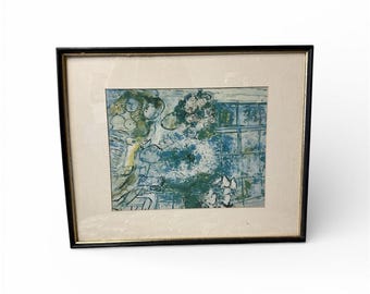 Lámina enmarcada estilo Marc Chagall vintage "Amantes del azul y el verde" (21 x 17)