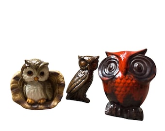 Lote de 3 figuras de búho de cerámica vintage, hucha y portalápices