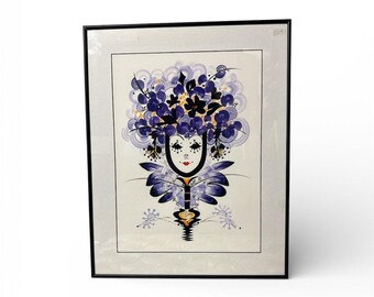 Impresión artística enmarcada con retrato floral moderno en morado y negro, 20 x 25