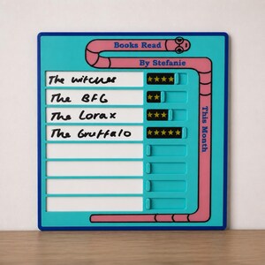 May include: A square teal tracking board with a pink worm graphic featuring the text Books Read By Stefanie and This Month. It includes white horizontal slots for book titles and sliding star rating indicators for four entries: The Witches, The BFG, The Lorax, and The Gruffalo.