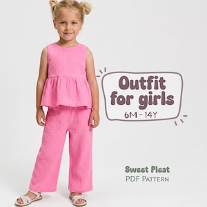 May include: A bright pink sleeveless peplum top and matching wide-leg trousers made of textured fabric. The image includes text that reads "Outfit for girls 6M-14Y" and "Sweet Pleat PDF Pattern" in a soft, rounded font style.