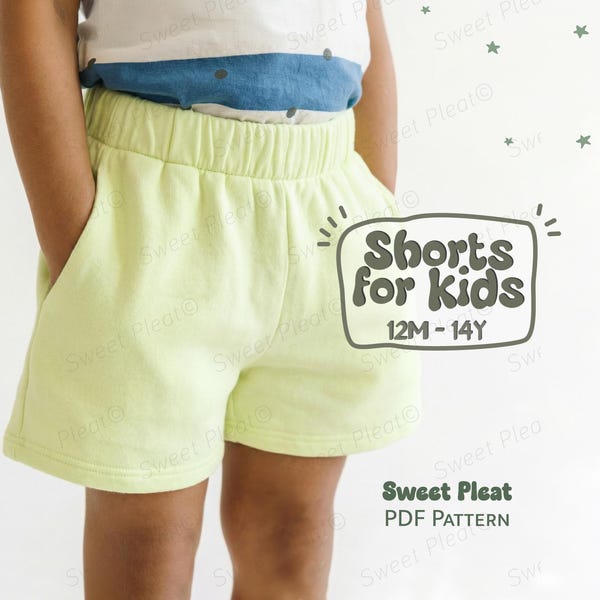 Patrón de pantalones cortos holgados para niños, patrón de costura para pantalones cortos de polar para niños pequeños.