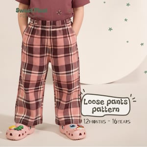 May include: A person wearing pink plaid loose trousers. The trousers have a wide leg and a pink and brown plaid pattern. The person is also wearing pink clogs with a dinosaur and other decorative elements. The text "Loose pants pattern" and "12 MONTHS - 16 YEARS" is visible.