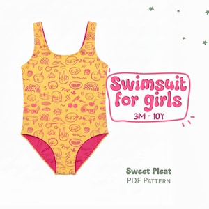 May include: A yellow swimsuit with a pink interior, covered in pink cartoon graphics. The text "Swimsuit for girls 3M-10Y" is displayed in a pink bubble. The words "Sweet Pleat PDF Pattern" are also visible.