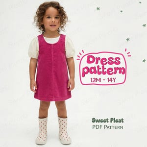 May include: A young person wearing a magenta corduroy dress over a white blouse with short sleeves. The dress pattern is for ages 12 months to 14 years. The image includes the text "Dress pattern" and "Sweet Pleat PDF Pattern".
