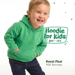 May include: A bright green long-sleeve hooded sweatshirt with a front kangaroo pocket. The text on the image reads Hoodie for kids 3M - 14Y and Sweet Pleat PDF Pattern. Small green star icons are scattered around the text on the right side.