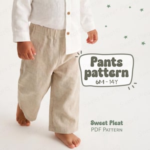 May include: Beige linen pants with an elastic waistband paired with a white button-down shirt. The image features text that reads Pants pattern 6M-14Y and Sweet Pleat PDF Pattern, accompanied by small green star graphics on a plain white background.
