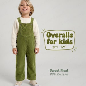 May include: Olive green corduroy overalls with a front chest pocket and metal buttons, worn over a cream long-sleeve shirt. Text on the right reads: Overalls for kids 3M-12Y, Sweet Pleat PDF Pattern. The garment features a textured vertical ribbed fabric.