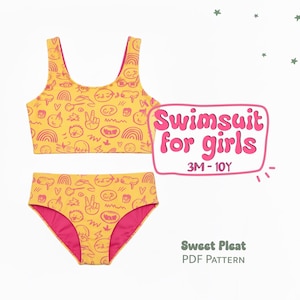 May include: A two-piece swimsuit for girls with a yellow top and bottom, featuring a repeating pattern of pink doodles. The swimsuit has a pink lining. Text on the image reads "Swimsuit for girls 3M-10Y" and "Sweet Pleat PDF Pattern".