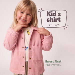 May include: A light pink corduroy button-down shirt with long sleeves, a collar, and a single chest pocket. The text Kid's shirt 2T - 16Y and Sweet Pleat PDF Pattern is visible. The shirt is worn over a white t-shirt with banana and shark graphics.
