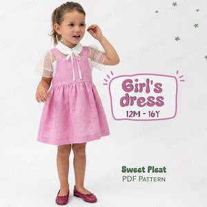 May include: A young girl wearing a pink dress with a white collared shirt underneath. The dress has a pleated skirt and suspender straps. The image includes the text "Girl's dress 12M - 16Y" and "Sweet Pleat PDF PATTERN".