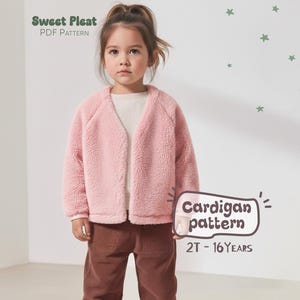 May include: A child wearing a light pink, fluffy cardigan over a white top and brown corduroy trousers. The image includes text that reads "Sweet Pleat PDF Pattern" and "Cardigan pattern 2T - 16 YEARS".