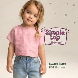 May include: A child wearing a pale pink, short-sleeved top and blue jeans. The top has a simple design. Text on the image reads "Simple top 12M-16Y" and "Sweet Pleat PDF PATTERN".