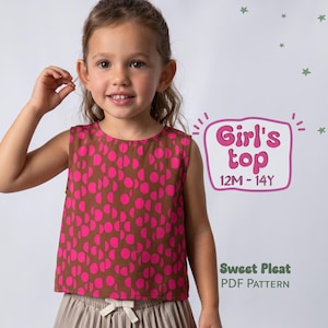 May include: A sleeveless girl's top with a brown background and a pattern of pink half-circles. The top is paired with a beige skirt. Text on the image reads "Girl's top 12M-14Y" and "Sweet Pleat PDF Pattern."