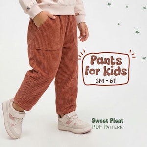 Può includere: Pantaloni in velluto a coste color ruggine con tasche, abbinati a scarpe da ginnastica rosa e bianche. L'immagine include il testo "Pants for kids 3M-6T" e "Sweet Pleat PDF Pattern."