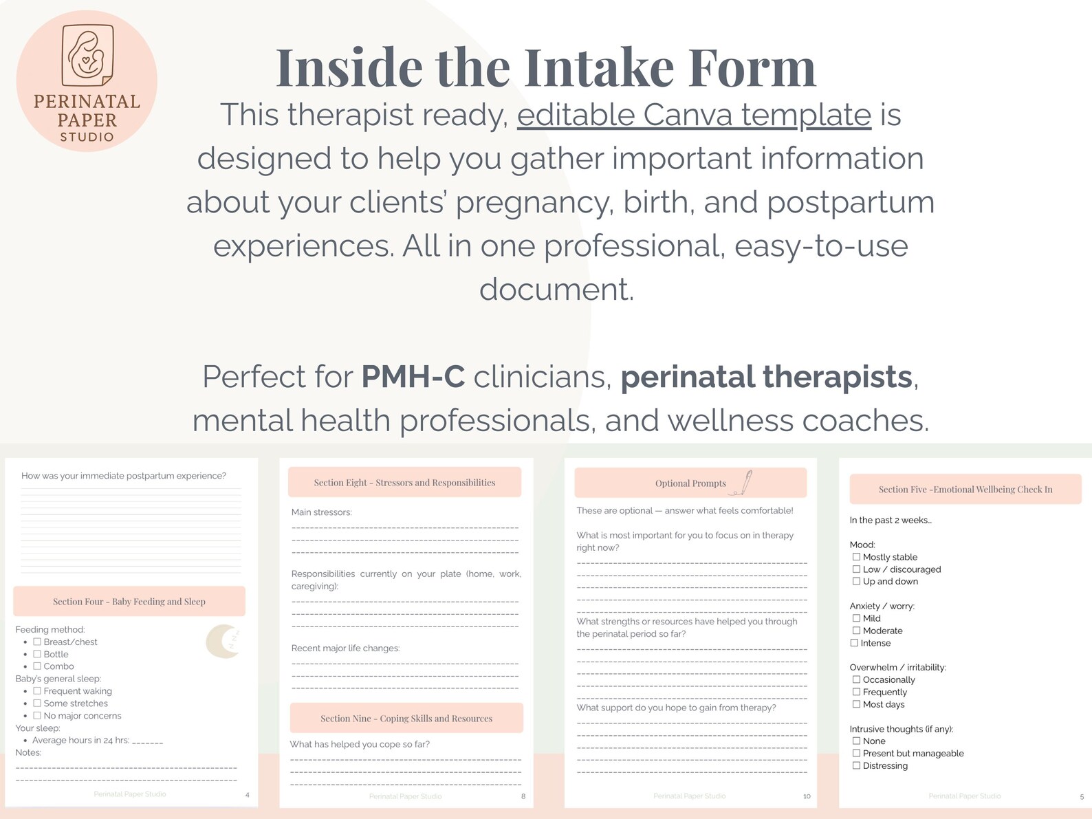 Perinatal Mental Health Intake Form | Therapist Client Template ...