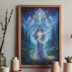 May include: A framed art print depicts a woman in a flowing white gown holding a glowing orb in a forest setting. The artwork features a geometric design above the woman's head, with a starry night sky and ethereal figures. The color palette includes blues, greens, and gold.