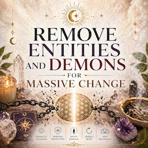 Puede incluir: Un anuncio con el texto "REMOVE ENTITIES AND DEMONS FOR MASSIVE CHANGE". La imagen presenta un orbe brillante, cristales, una vela encendida y otros elementos espirituales. Los iconos en la parte inferior representan la limpieza energética, la protección espiritual, la eliminación de entidades, el restablecimiento de la energía y los nuevos comienzos.