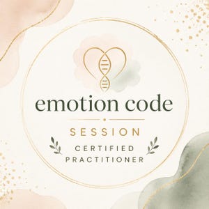 Può includere: Grafica circolare con le parole "emotion code" in verde scuro, con "session" e "certified practitioner" sotto. Un cerchio dorato a doppia linea incornicia il testo e un design a forma di cuore con un elemento simile al DNA. Morbidi lavaggi ad acquerello in rosa e verde.