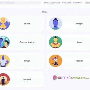 Puede incluir: Un dise&ntilde;o de p&aacute;gina web con botones rectangulares blancos que presentan ilustraciones y texto. Los botones incluyen "Divino", "Perspicacia", "Comunicaci&oacute;n", "Amor", "Poder", "Pasi&oacute;n" y "Supervivencia". El nombre del sitio web, "GETTINGANSWERS.COM", se muestra en la parte inferior.