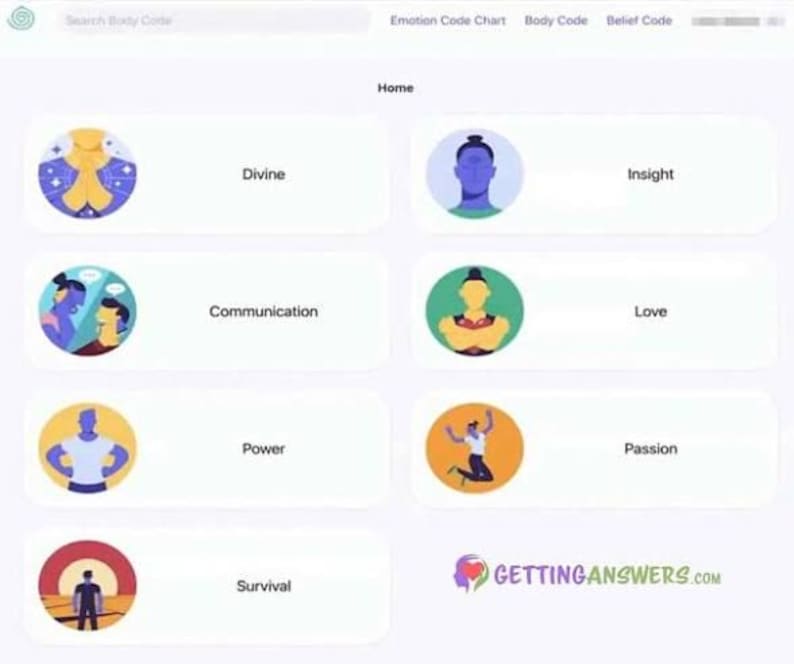 Puede incluir: Un dise&ntilde;o de p&aacute;gina web con botones rectangulares blancos que presentan ilustraciones y texto. Los botones incluyen "Divino", "Perspicacia", "Comunicaci&oacute;n", "Amor", "Poder", "Pasi&oacute;n" y "Supervivencia". El nombre del sitio web, "GETTINGANSWERS.COM", se muestra en la parte inferior.