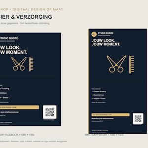 Op de afbeelding: Twee donkerblauwe digitale marketingtemplates voor een kapsalon met gouden iconen van een schaar en een kam. De tekst bevat "STUDIO NOORD," "JOUW LOOK. JOUW MOMENT.," "BARBIER & VERZORGING," en een QR-code voor contactgegevens.