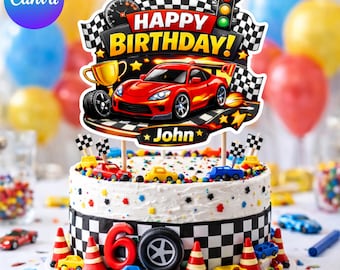 Race Car Birthday Cake Topper, Editable Canva Template, Racing Theme Birthday Topper, Custom Name Cake Topper, Instant Download