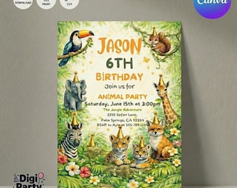 Party Animals Birthday Invitation, Jungle Birthday Invitation, Safari Birthday Invitation, Animal Birthday Party, Zoo Invite, Editable Canva