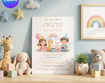 Watercolor Kids Birthday Invitation, Editable Pastel Rainbow Party Template, Printable Digital Download for Girl & Boy, Animal invitation