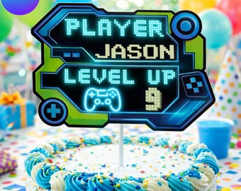 Editable Gamer Cake Topper Template, Level Up Birthday, Pixel Neon Gaming Party Decor, Custom Name Age, Editable Canva, Instant Download