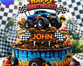 Personalized Monster Truck Birthday Cake Topper, Editable Kids Party Decoration (Digital Download)