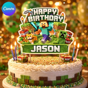 May include: A decorated birthday cake with a Minecraft theme. The cake features a green and brown pixelated border, white frosting, and colorful sprinkles. A topper reads "Happy Birthday Jason" with Minecraft characters and elements.