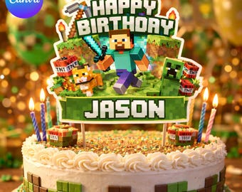 Editable Pixel Game Birthday Cake Topper,Personalized Party Decoration,Canva Template,Inspired by Minecraft,Printable Cake Decor