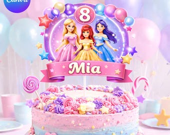 Editable Princess Birthday Cake Topper, Girls Birthday Party Decor, Custom Name & Age Cake Topper, Digital Download Printable