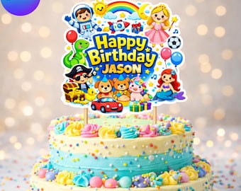 Custom Name Happy Birthday Cake Topper for Kids, Rainbow Party Cake Decoration, Boy or Girl Birthday Topper (Space Princess Pirate Mermaid)